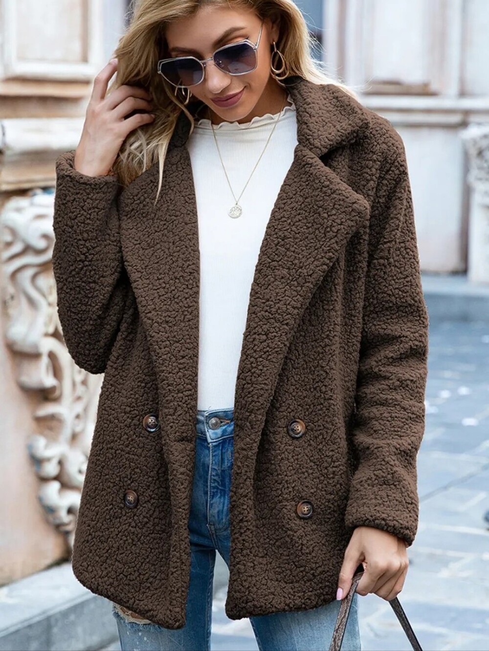 Sherpa Fusion Double-Breasted Coat - Chocolate